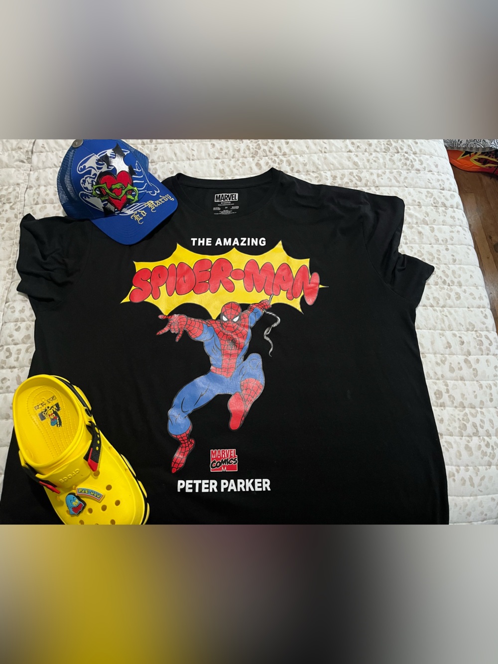 Spiderman Black Tee with Red and Blue Graphic